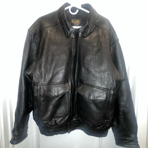 Vintage Scully Black Pebble Leather Flight Bomber Jacket Mens XL Flannel Lined - Picture 1 of 5